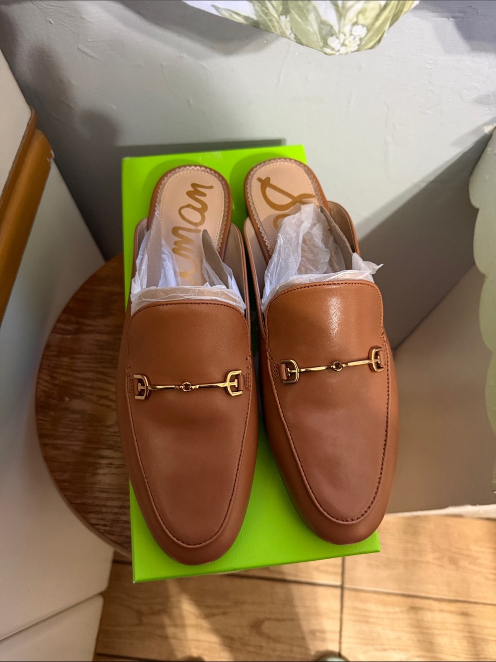 Ladies Brown Leather Slip-On Loafer Mule with Gold Bit Detail